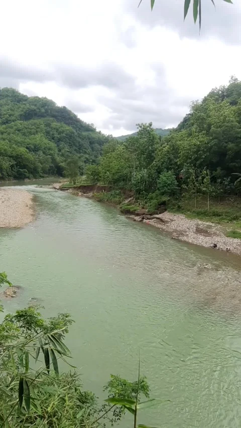 Tropical River Flowing Through Lush Green Hills and Forest in Summer Stock Footage 337614686