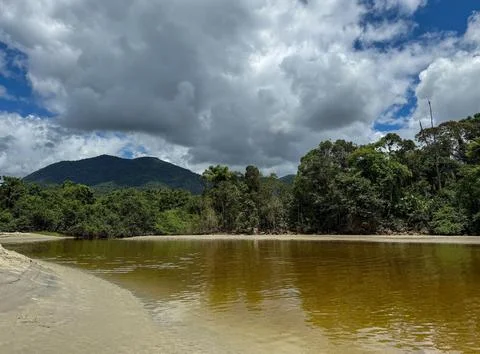 Tropical river under cloudy sky. Stock Photos