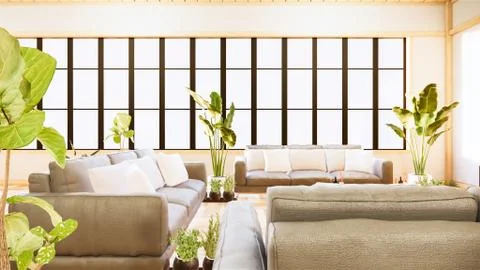 Tropical room interior with sofa and plants decoration on wooden floor.3D ren Stock Illustration