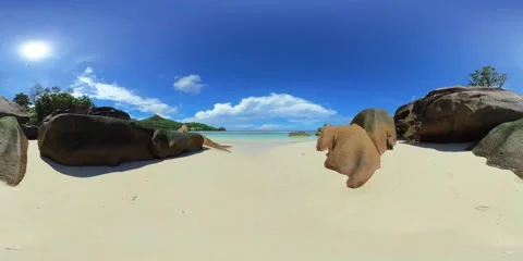 Tropical sandy beach and blue sea. Seychelles, Mahe. Vídeo Stock 343332463