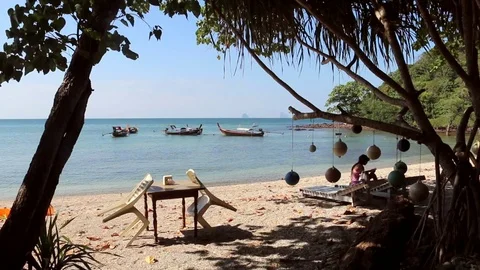 Tropical Sandy Beach With Distant Boats Stock Footage 86255473