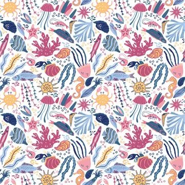 Tropical sea fish, ocean pattern. Underwater creatures, corals and bubbles, kids Stock Illustration