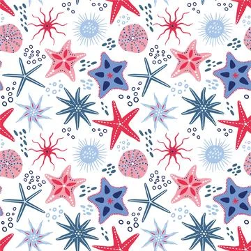 Tropical sea, starfish ocean pattern. Cute doodle stars, beach fish, summer baby 스톡 일러스트