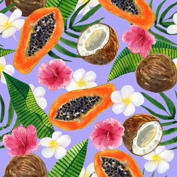 Tropical seamless background. Pattern with beautiful watercolor exotic leaves Stock Illustration