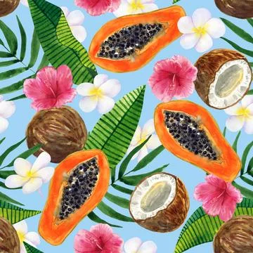 Tropical seamless background. Pattern with beautiful watercolor exotic leaves Illustrazione stock