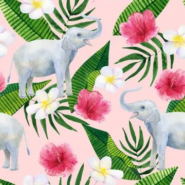 Tropical seamless background. Pattern with beautiful watercolor exotic leaves Stock Illustration