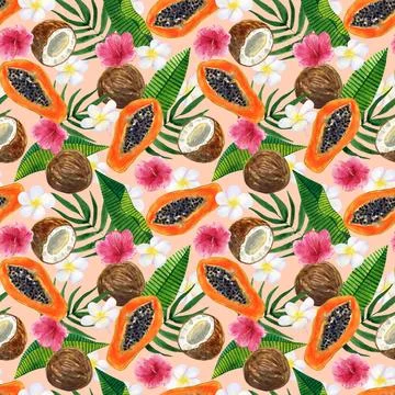 Tropical seamless background. Pattern with beautiful watercolor exotic leaves Stock Illustration