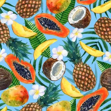 Tropical seamless background. Pattern with beautiful watercolor exotic leaves Stock Illustration