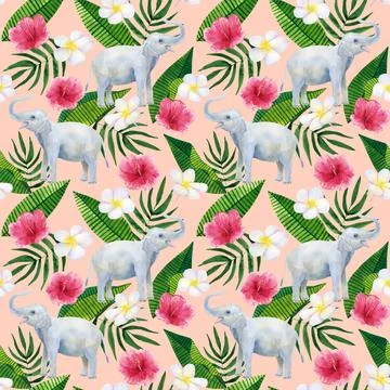 Tropical seamless background. Pattern with beautiful watercolor exotic leaves Stock Illustration