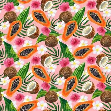 Tropical seamless background. Pattern with beautiful watercolor exotic leaves Stock Illustration