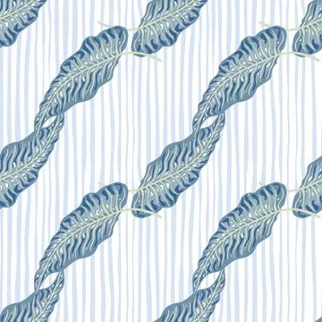 Tropical seamless pattern with abstract blue leaves on stripe background. Stock Illustration