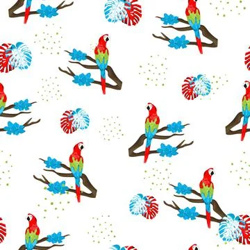 Tropical seamless pattern. Animal pattern with parrot and monstera 스톡 일러스트