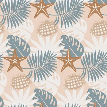 Tropical seamless pattern background, exotic leaves, monstera and palm leaf Stock Illustration