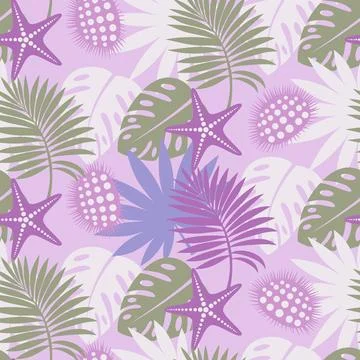 Tropical seamless pattern background, exotic leaves, monstera and palm leaf Stock Illustration