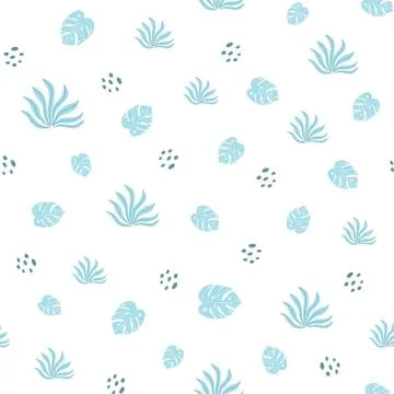 Tropical seamless pattern blue leaves on white background Tropical cute print Stock Illustration