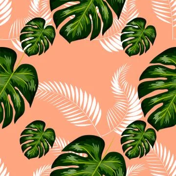 Tropical seamless pattern. Botany design, jungle leaves of palm tree, monster Stock Illustration