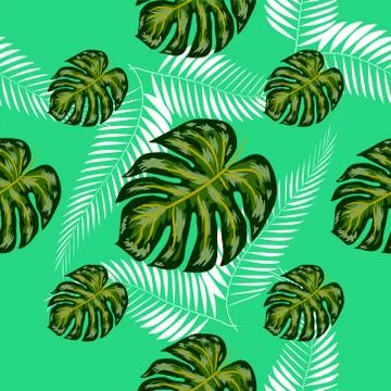 Tropical seamless pattern. Botany design, jungle leaves of palm tree, monster Stockillustratie