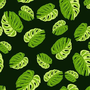 Tropical seamless pattern with bright green monstera elements print. Dark bac Stockillustratie