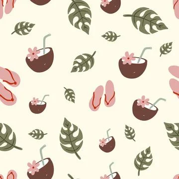 Tropical seamless pattern with coconut drink and flip flops Stock Illustration