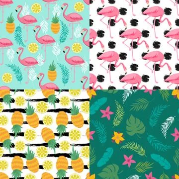 Tropical seamless pattern collection with exotic fruits, flamingo and plants Illustrazione stock