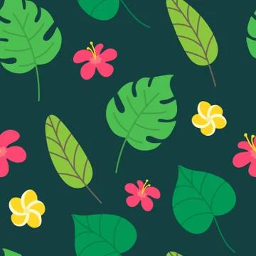 Tropical seamless pattern on dark green background. Summer design with tropic Stock Illustration