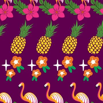 Tropical seamless pattern design, flamingo, flowers and pineapple Stock Illustration