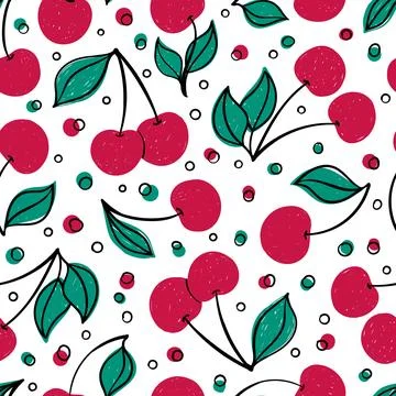 Tropical seamless pattern with doodle red cherry. Illustrazione stock