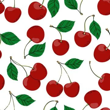 Tropical seamless pattern with doodle red cherry. Stock Illustration