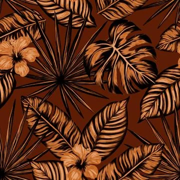 Tropical seamless pattern. Earth tones print with beautiful palm jungle leaves Stock Illustration