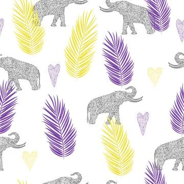 Tropical seamless pattern with elephant, hearts and palm leaves. Stock Illustration