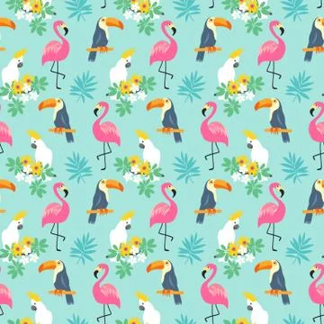 Tropical Seamless pattern with exotic birds Stockillustratie