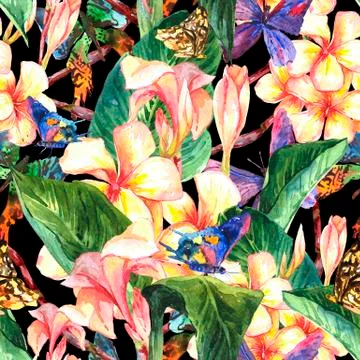 Tropical seamless pattern with exotic flowers Stock Illustration