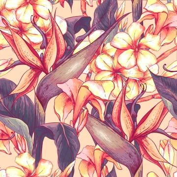 Tropical seamless pattern with exotic flowers. 스톡 일러스트
