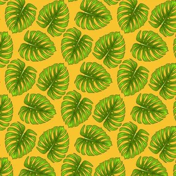 Tropical seamless pattern with exotic leaves in cartoon style Stock Illustration
