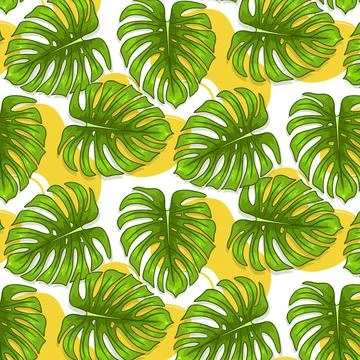 Tropical seamless pattern with exotic leaves in cartoon style Stock Illustration