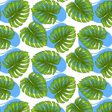 Tropical seamless pattern with exotic leaves in cartoon style Stock Illustration