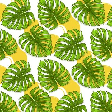Tropical seamless pattern with exotic leaves in cartoon style Stock Illustration
