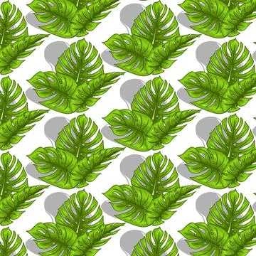 Tropical seamless pattern with exotic leaves in cartoon style Stock Illustration