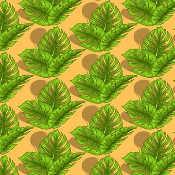 Tropical seamless pattern with exotic leaves in cartoon style Stock Illustration