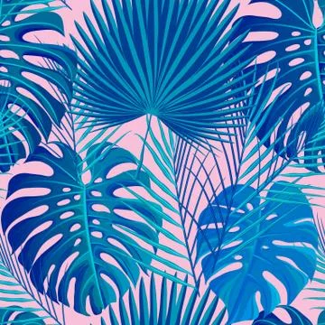 Tropical seamless pattern with exotic palm leaves. Stock Illustration