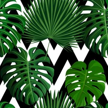 Tropical seamless pattern with exotic palm leaves. Stock Illustration