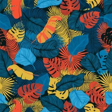 Tropical seamless pattern with exotic palm leaves Illustrazione stock