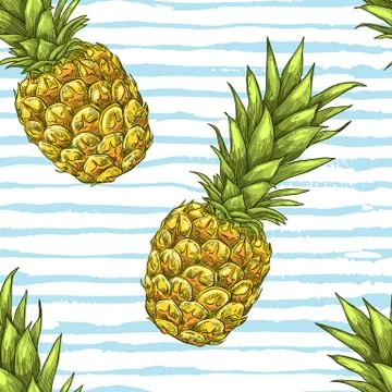 Tropical seamless pattern. Exotic pineapple fruit on blue watercolor stripes Stock Illustration