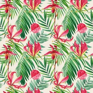 Tropical seamless pattern with exotic pink lily flowers, palm tree. Summer Stock Illustration