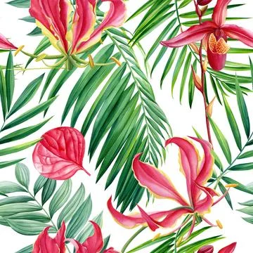 Tropical seamless pattern with exotic pink lily flowers, palm tree. Summer Stock Illustration