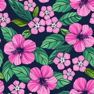 Tropical seamless pattern with exotic plants and hibiscus flowers 库存插图