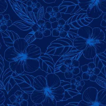 Tropical seamless pattern with exotic plants and hibiscus flowers Stock Illustration
