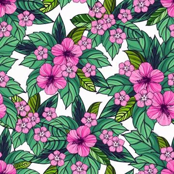 Tropical seamless pattern with exotic plants and hibiscus flowers 库存插图