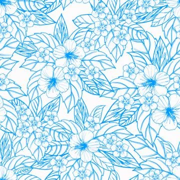 Tropical seamless pattern with exotic plants and hibiscus flowers Stock Illustration