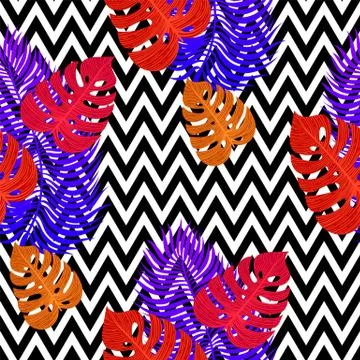Tropical seamless pattern with exotic vivid leaves on black and white zigzag Stock Illustration